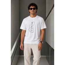Defy Moda Erkek Minimal Gitar Baskılı Tişört T-Shirt Yazlık Kısa Kol Bisiklet Yaka T-Shirt - Beyaz