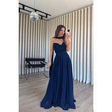 Sue Store Lacivert Drapeli Straplez Şallı Abiye Elbise