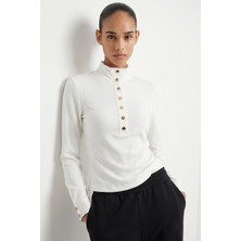 Allyco Düğmeli Balıkçı Yaka Uzun Kollu Regular Ekru Örme Sweatshirt