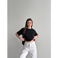 My Lunessa Taşlı Oversize Siyah Modal Kumaş Tişört
