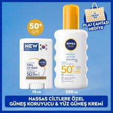 Nivea Sun SPF50 Hassas Güneş Koruyucu Vücut Spreyi 200ML ve Kore Stick Yüz Kremi, Plaj Çantası Hediye