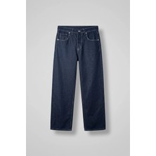 Abluka Online Erkek Baggy Fit Kontrast Dikişli Jean Pantolon Lacivert