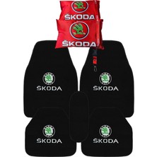 Tusba Market Skoda Araç Uyumlu 5 Parça Araç Oto Halı Paspas Seti & Dijital Baskılı Kırmızı Araba Koltuk Yastığı & Oto Ayna Askısı