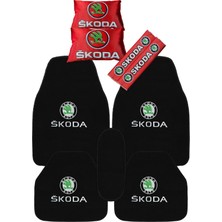 Tusba Market Skoda Araçlar Için Siyah Oto Konfor Seti | 5 Parça Oto Halı Paspas & Kırmızı Araç Yastık - Emniyet Kemer Pedi
