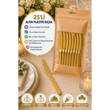 25’li Altın Plastik Bıçak 18 cm Sert Tek Kullanımlık Parti Davet Düğün Çatal Seti