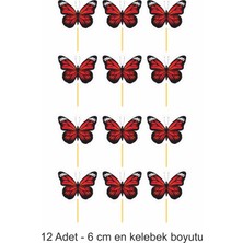12 Adet Kırmızı Kelebek Kürdanlı Cupcake Pasta Süsü Süsleme Kalın Kağıt