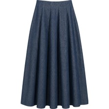 Mixray 4913 Kadın Beli Lastikli Pileli Dökümlü Midi Denim Etek Lacivert
