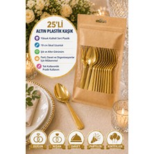 25’li Altın Plastik Kaşık 18 cm Sert Tek Kullanımlık Parti Davet Düğün Çatal Seti