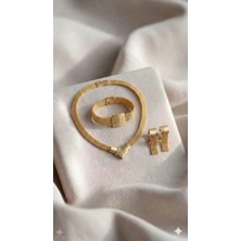 Constanza Exclusive Altın Kaplama Hasır Choker Kolye Geniş Mesh Şık Kadın Gerdanlık Bileklik Küpe 3'lü Takı Seti Düğün