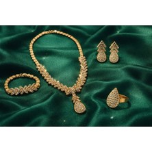 Constanza Exclusive Nightfall Altın Kaplama Taşlı Damla Model Takı Seti Kolye Küpe Bileklik Yüzük Düğün Nişan Abiye Set