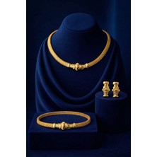 Constanza Exclusive Altın Kaplama Hasır Choker Kolye Geniş Mesh Şık Kadın Gerdanlık Bileklik Küpe 3'lü Takı Seti Düğün