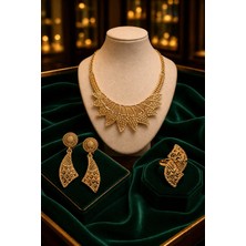 Constanza Exclusive Regalia Wings Altın Kaplama Tasarım Düğün Nişan Isteme 3'lü Takı Seti Kolye Küpe Yüzük