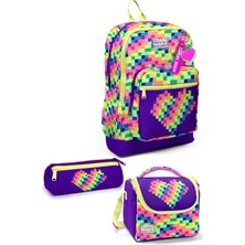 Coral High Kids Çok Renkli Piksel Kalp Desenli 3’lü Okul Çanta Seti SET0133208