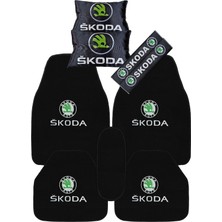 Tusba Market Skoda Araçlar Için 5 Parça Oto Halı Paspas | Dijital Baskılı Siyah Seyahat Boyun Yastık & Emniyet Kemer Kılıfı