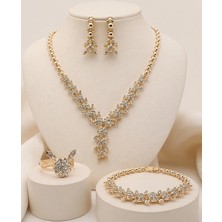Constanza Exclusive Golden Royale Blossom Kadın Gold Renk Taşlı Kolye Küpe Bileklik Yüzük Takı Seti Hediyelik