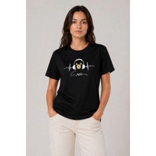 Alfanora Kadın Müzik Temalı Baskılı Tişört Bisiklet Yaka Kısa Kol T-Shirt - Siyah