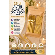 25’li Set Altın Plastik Çatal Bıçak Seti Kullan At Parti Davet Düğün Şık Sunum Seti Lüks Görünüm