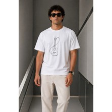 Alfanora Erkek Minimal Gitar Baskılı Tişört T-Shirt Yazlık Kısa Kol Bisiklet Yaka T-Shirt - Beyaz