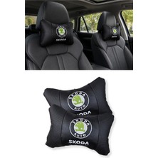 Tusba Market Skoda Auto Nakış Işlemeli Ortopedik Lüks Araç Seyahat Deri Oto Boyun Yastığı – Siyah 2'li Set