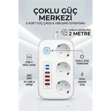 GUNKES Akım Korumalı Priz ve Masaüstü Şarj Istasyonu Kablosuz 3 Priz ,4 Usb, 2 Type-C Girişli 2 Metre