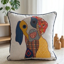 Viamarse Köpek Figürlü Patchwork Desenli Dekoratif Kırlent Kılıfı Kıl Biye Detaylı (1 Adet)