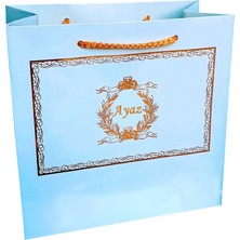 Mila Kurabiyka Isimli Karton Hediye Çantası Gold Yaldızlı Mavi 20X20X10 cm Bebek Sünnet Söz Nişan Hediyelik 10AD.