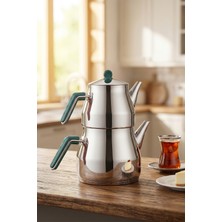 Porsima 1026-2 Prizma Bakalit Metal Kulp Mega Boy Paslanmaz Çelik Çaydanlık Takımı Yeşil - 2-3,40LT