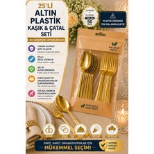 25'li Set Altın Plastik Çatal Kaşık Seti Kullan At Parti Davet Şık Sunum 50 Parça Sert Plastik Paketli