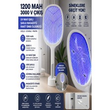 Ecuy Şarjlı Uv Mavi Işıklı Sinek Öldürücü Raket 3000V Güçlü Masaüstü & Elde Kullanım 1200MAH