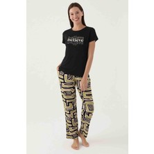 Dream Fashion Believe Siyah Kadın Kısa Kol Pijama Takımı