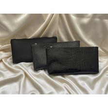 Veloria Siyah 3 Adet Kadın Portföy El & Makyaj Çantası - Şık Gece Çantası - Clutch