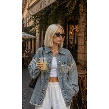 İbeeka Taş Sarkıt Yıkama Detaylı Denim / Kot Ceket Yeni Sezon