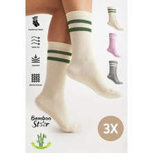 Bamboo Star Bambu Kadın Kaydırmaz Taban Silikon Baskı Yoga Fitness Pilates Bale Dans Kaymaz Tenis Çorabı 3'Lü