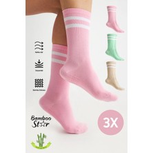 Bambu Kadın Kaydırmaz Taban Silikon Baskı Yoga Fitness Pilates Bale Dans Kaymaz Tenis Çorabı 3'lü
