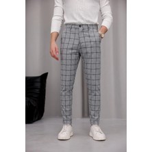 Modamesto Erkek Açık Gri Slim Fit Ekoseli Likralı Yan Cep Bilek Boy Kumaş Pantolon