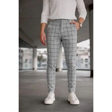 Modamesto Erkek Açık Gri Slim Fit Ekoseli Likralı Yan Cep Bilek Boy Kumaş Pantolon