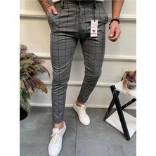 Modamesto Erkek Füme Slim Fit Ekoseli Likralı Yan Cep Bilek Boy Kumaş Pantolon