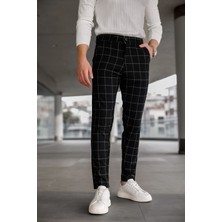 Ser Joven Erkek Siyah Slim Fit Ekoseli Likralı Yan Cep Bilek Boy Kumaş Pantolon
