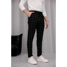 Ser Joven Erkek Siyah Slim Fit Ekoseli Likralı Yan Cep Bilek Boy Kumaş Pantolon