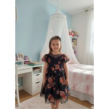 Retro Women Kız Çocuk Siyah Çiçekli Tokalı Abiye Özel Gün Doğum Günü Mezuniyet Prenses Tütülü Elbise