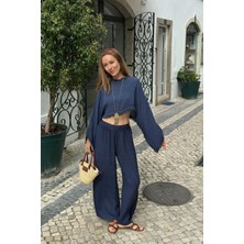 İkikız  Keten Navy Crop Bluz