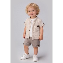 Erkek Bebek 3’lü Takım – Desenli Gömlek, Tişört ve Şort Set (Bej)