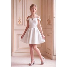 Butik Happy Kids Kız Çocuk  Abiye Krem Elbise Kısa Krep Elbise Omuz Detaylı Şık Abiye Elbise 10-15 Yaş