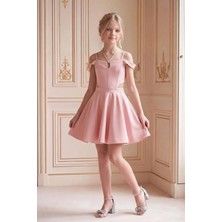 Butik Happy Kids Kız Çocuk Pudra Abiye Elbise Kısa Krep Elbise Omuz Detaylı Şık Abiye Elbise 10-15 Yaş