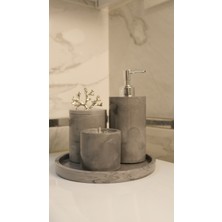 Bee Candle Home Gri Mermer Desenli 5’li Banyo Seti - Gümüş Renk Pompa ve Toka