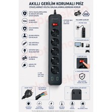 Alpotekno Akıllı Akım Korumalı 5’li Priz 2 USB Girişli | 10A Devre Kesici | Gs & Vde Sertifikalı | Avrupa Tipi Fişli | Aşırı Gerilim Korumalı Priz