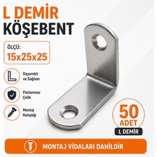 Badem10 L Demir Gönye 15X25X25 mm Oval Başlı 50 Adet Set Dayanıklı Metal Köşebent Vida Dahil Montaj Aparatı