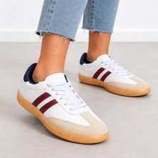 Bitacir Kadın Spor Ayakkabı Beyaz Sneaker Bordo Çizgili Günlük Rahat Kaymaz Taban Bağcıklı