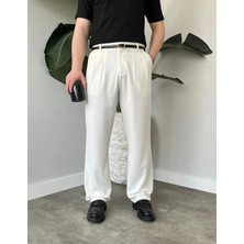 Ser Joven Erkek Beyaz Baggy Fit Rahat Kesim Pileli Kumaş Pantolon