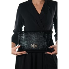 Luvi Maorı Siyah Baskı Rugan Kadın Clutch Çanta